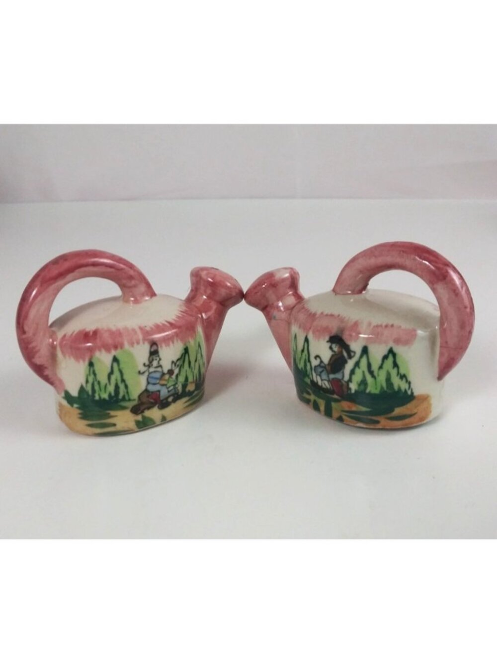 Vintage Hand Painted Scenic Floral Watering Can Salt & Pepper Shakers Japan